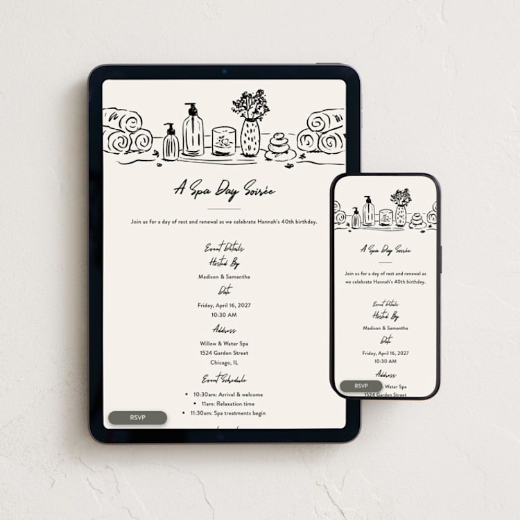 "Spa Day Social" - Online Party Invitations in Cream by Emily Sabol Goss - Mobile + desktop layout