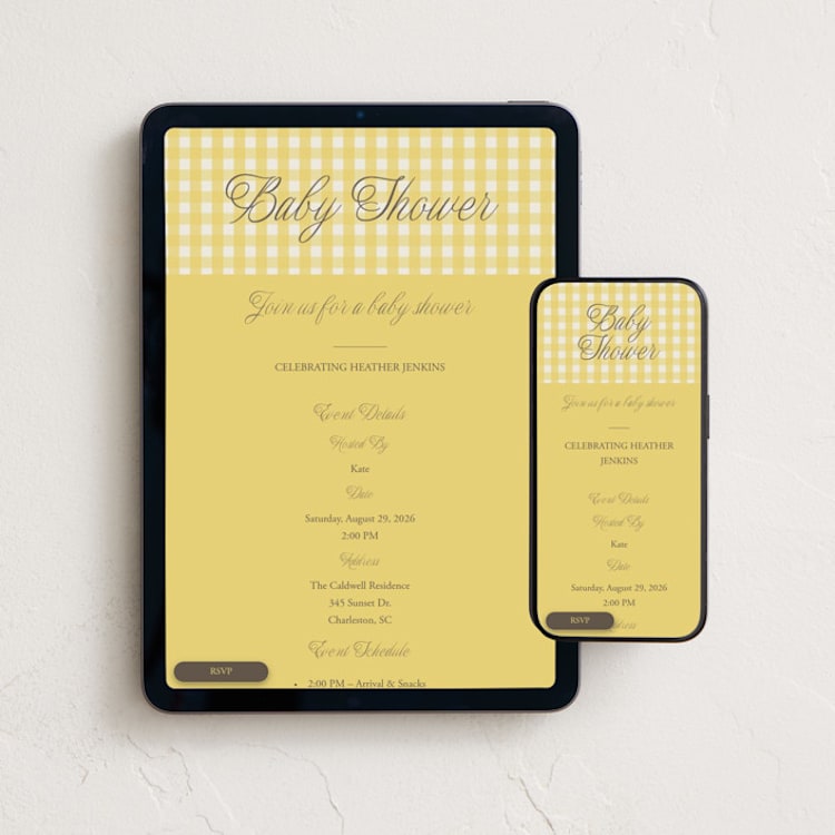 "Scalloped Gingham" - Online Party Invitations in Lemonade by Brianne Larsen - Mobile + desktop layout