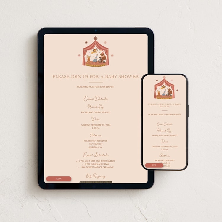 "Little Circus" - Online Party Invitations in Petal by Rina Ozum - Mobile + desktop layout