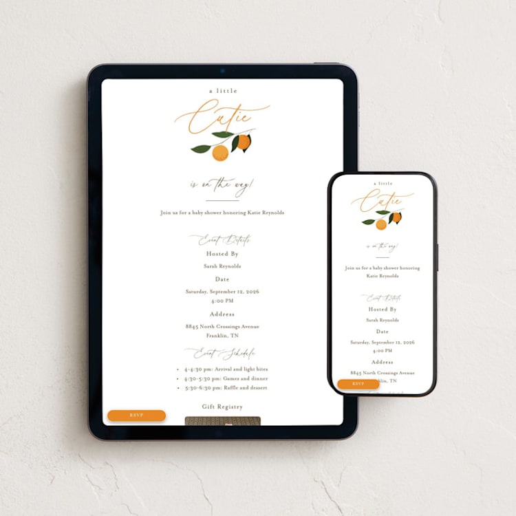 "Little Cutie" - Online Party Invitations in Clementine by Stacey Meacham - Mobile + desktop layout