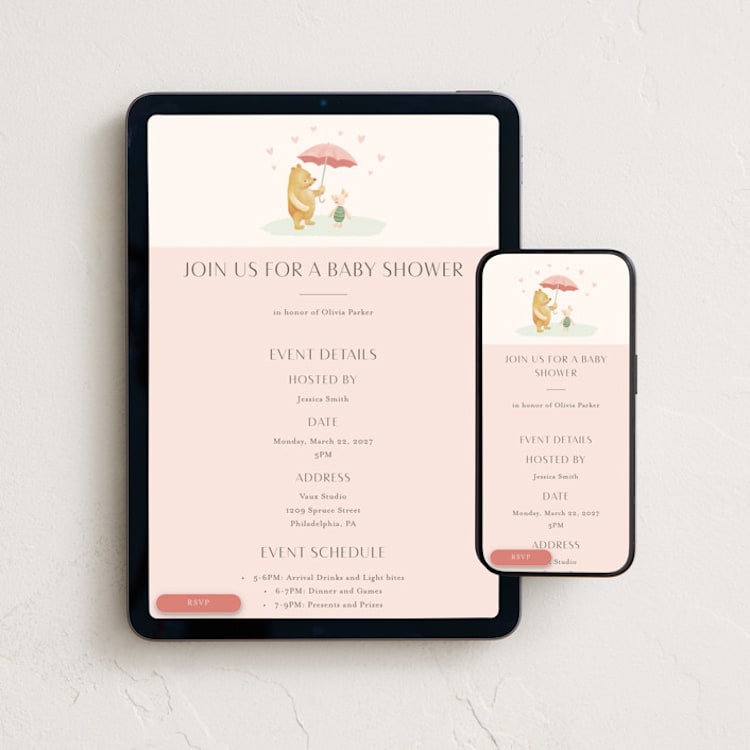 "Pooh and Piglet" - Online Party Invitations in Blush by Katherine Moynagh - Mobile + desktop layout
