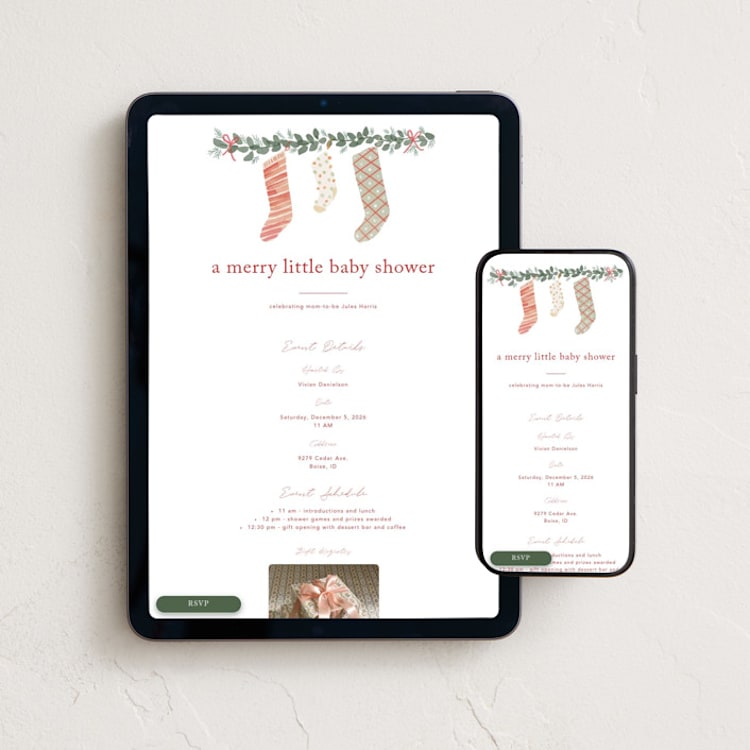"merry little stockings" - Online Party Invitations in Cranberry by Rebecca Durflinger - Mobile + desktop layout