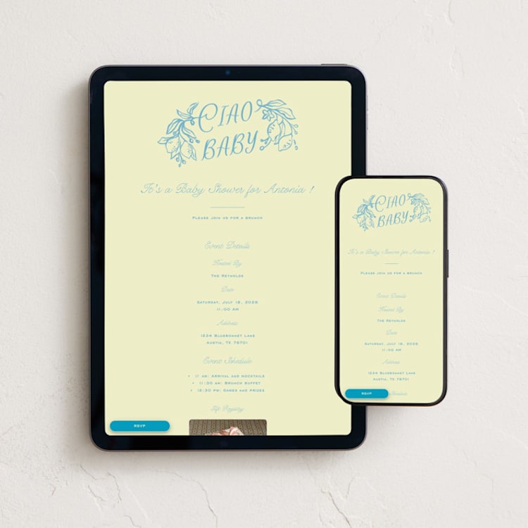 "Ciao Baby" - Online Party Invitations in Lemonade by Pati Cascino - Mobile + desktop layout