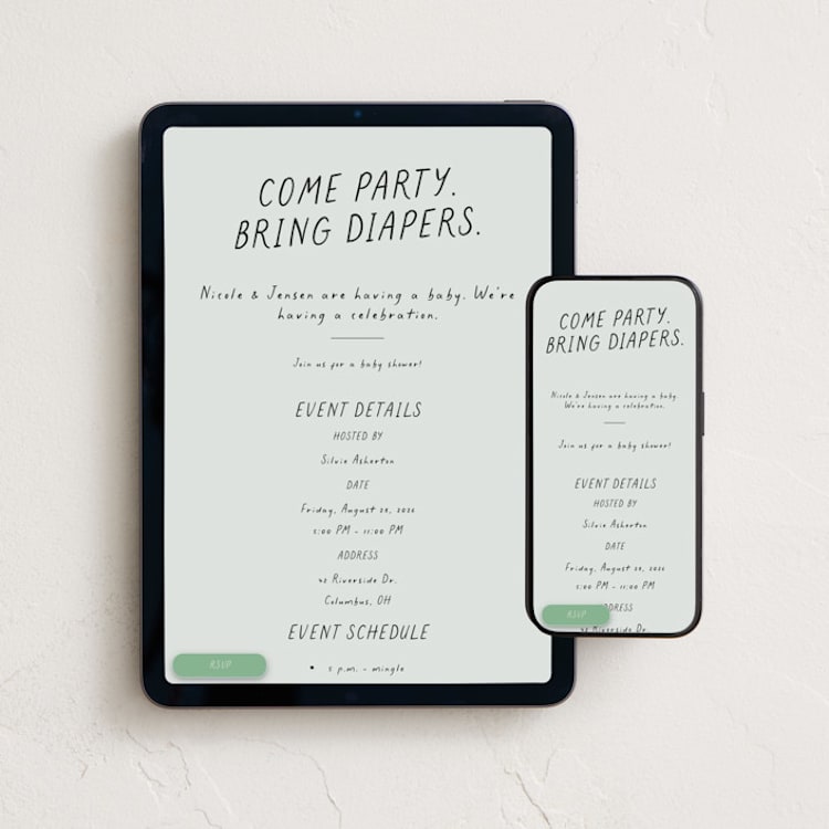 "Bring diapers" - Online Party Invitations in Mint by Lea Delaveris - Mobile + desktop layout