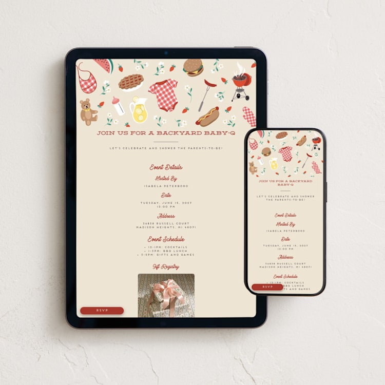 "Baby-Q" - Online Party Invitations in Ketchup by Jamie Alexander - Mobile + desktop layout