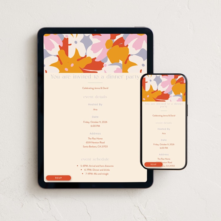 "efflorescent" - Online Party Invitations in Sunset by Olivia Raufman - Mobile + desktop layout