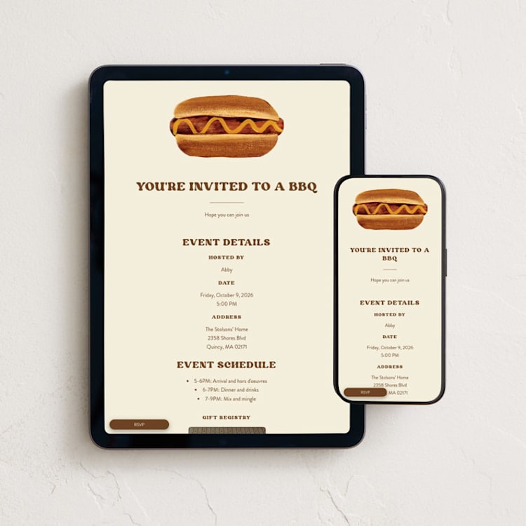 "BBQ" - Online Party Invitations in Mustard by Gwen Bedat - Mobile + desktop layout