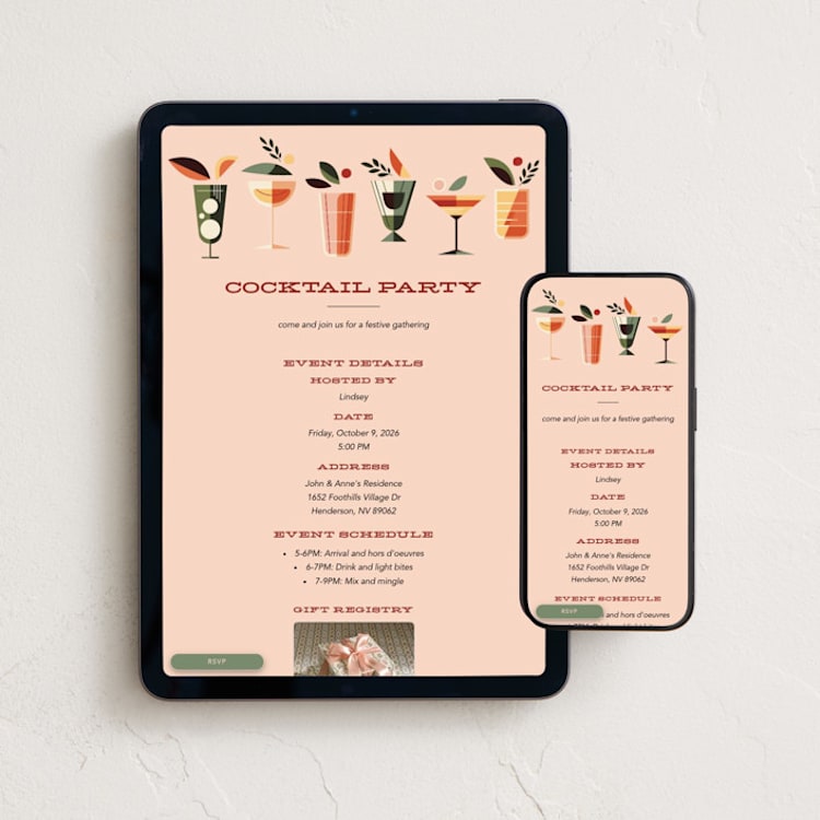 "Mid Mod Party" - Online Party Invitations in Peach Fizz by Three Kisses Studio - Mobile + desktop layout
