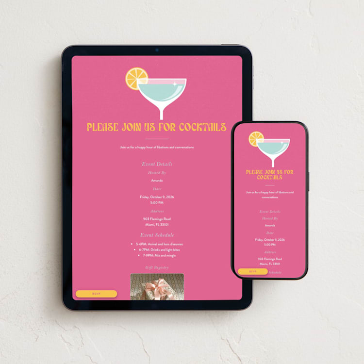 "Modern Cocktails" - Online Party Invitations in Flamingo by Maria Alou - Mobile + desktop layout