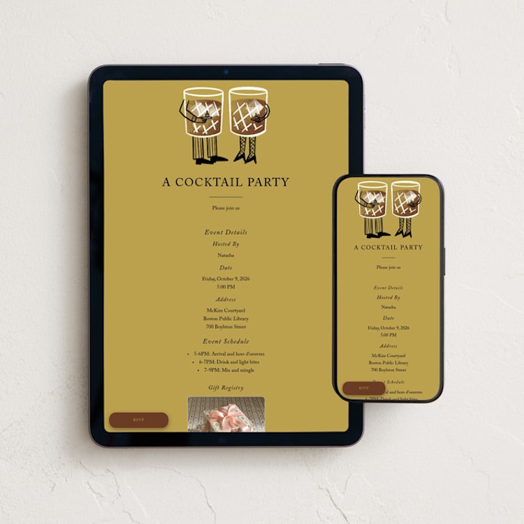 "A Cocktail Party" - Online Party Invitations in Golden by mo kelley - Mobile + desktop layout