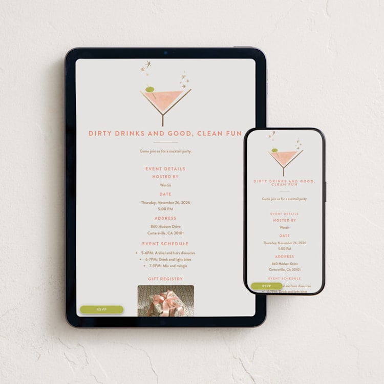"dirty birthday martini" - Online Party Invitations in Raspberry by Carolyn Nicks - Mobile + desktop layout