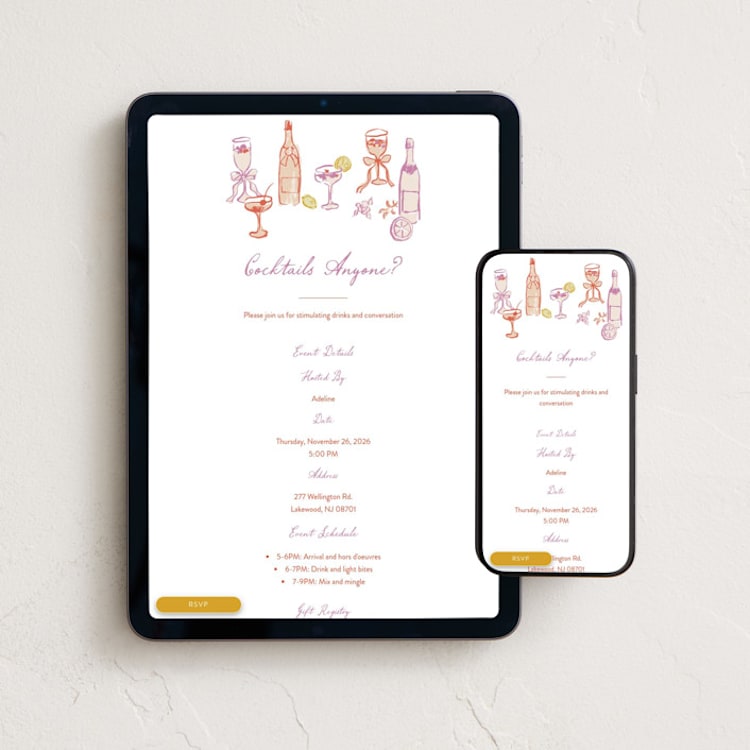 "cocktails and laughter" - Online Party Invitations in Orchid by Cass Loh - Mobile + desktop layout