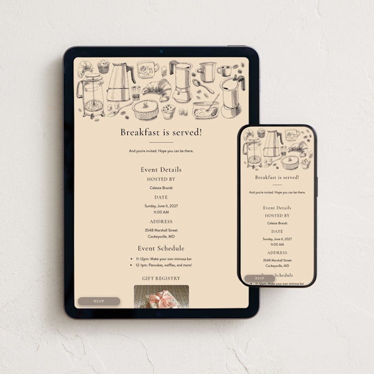 "Breakfast with Coffee" - Online Party Invitations in Milk Coffee by Catilustre - Mobile + desktop layout