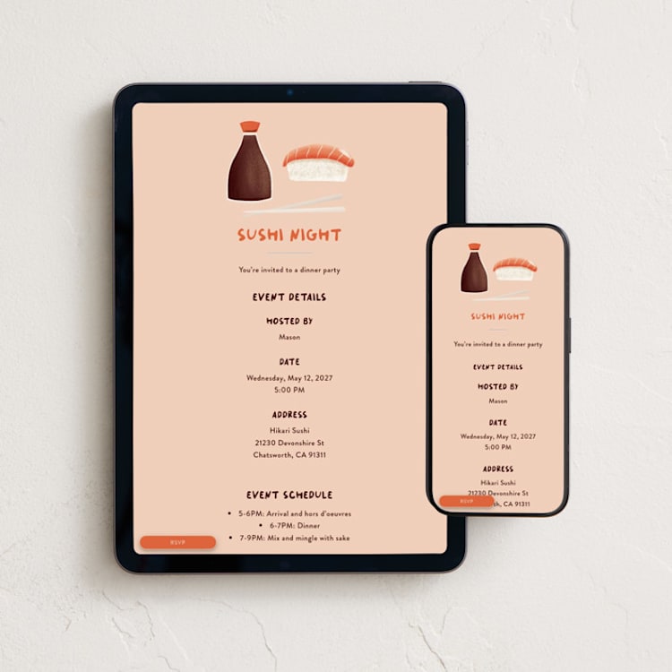 "Sushi" - Online Party Invitations in Salmon by Gwen Bedat - Mobile + desktop layout