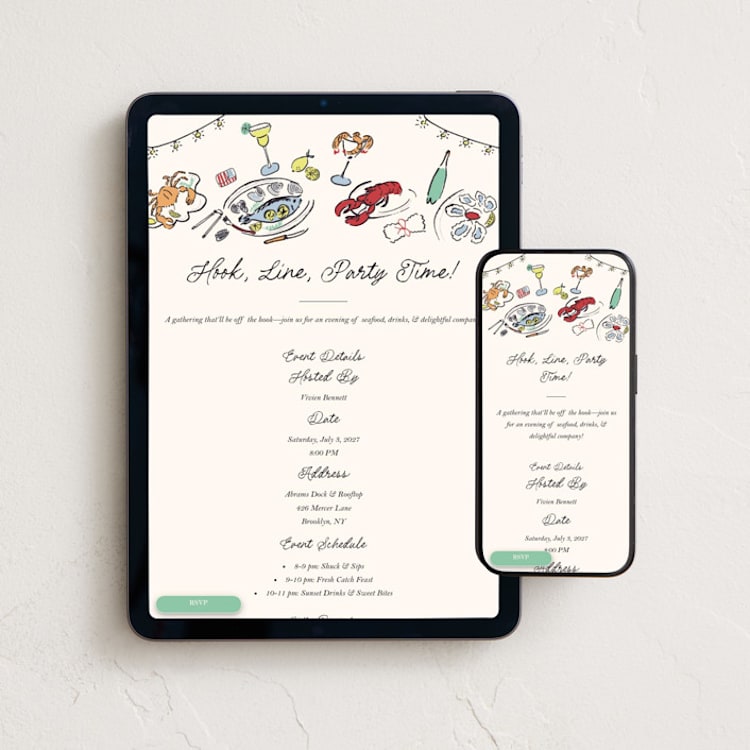 "Hook, Line, Party Time" - Online Party Invitations in Seashell by Sarah Rosenthal - Mobile + desktop layout