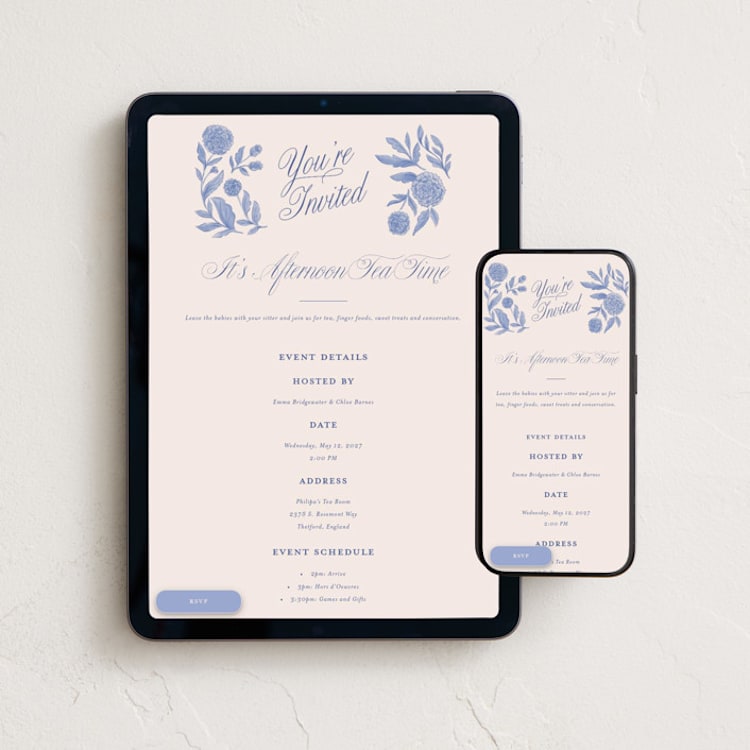 "Blue and White Carnations" - Online Party Invitations in Cobalt by 2birdstone - Mobile + desktop layout