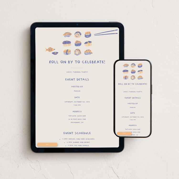 "Sushi Roll" - Online Party Invitations in Bluefin by Natalie Rae - Mobile + desktop layout