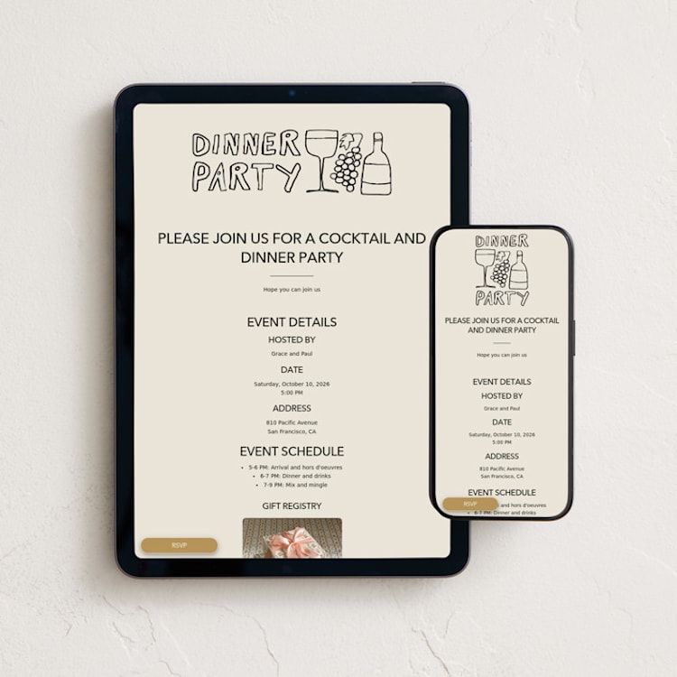 "Dinner Doodles" - Online Party Invitations in Bone by Inkblot Design - Mobile + desktop layout