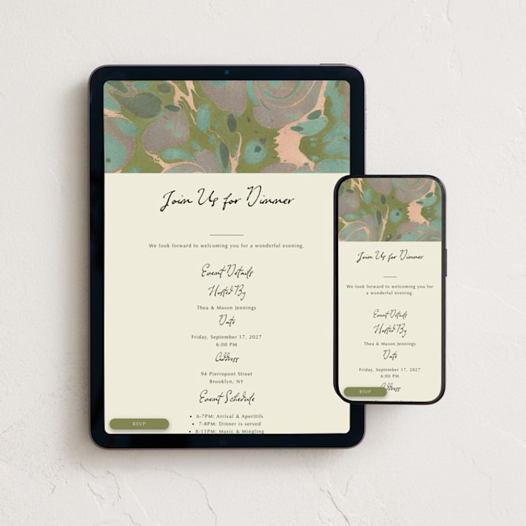 "Marbled Editorial" - Online Party Invitations in Sage by Leia Matt - Mobile + desktop layout