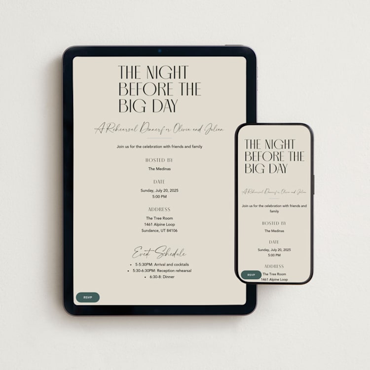 "Modern Stack" - Online Rehearsal Dinner Invitations in Sand by Robert and Stella - Mobile + desktop layout