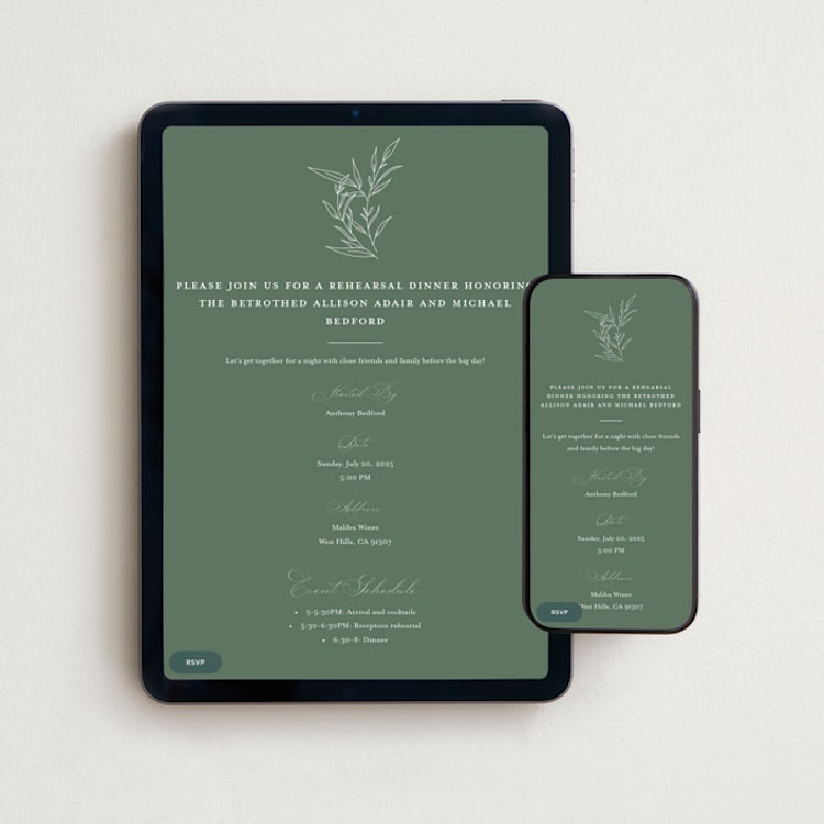 "Initial" - Online Rehearsal Dinner Invitations in Sage by Jennifer Postorino - Mobile + desktop layout