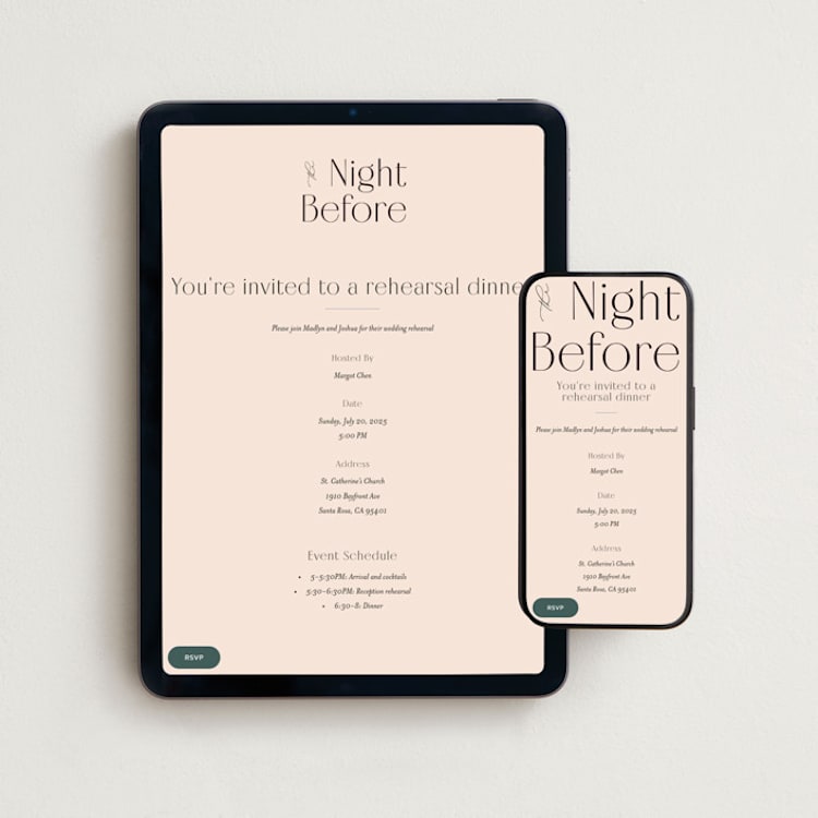"Classic Modern" - Online Rehearsal Dinner Invitations in Almond by Morgan Kendall - Mobile + desktop layout