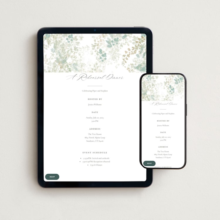 "Greenery Swash" - Online Rehearsal Dinner Invitations in Linen by Robert and Stella - Mobile + desktop layout
