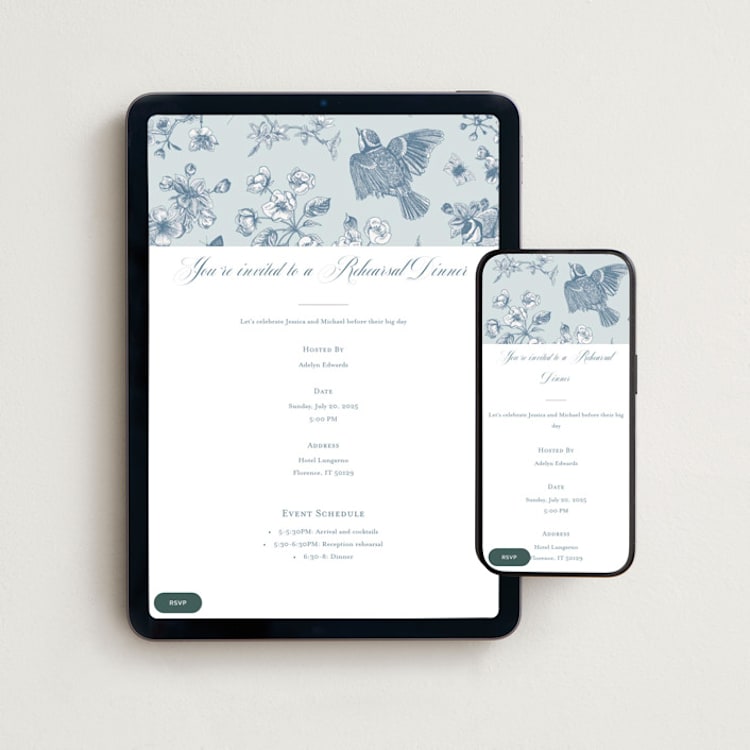 "Empire" - Online Rehearsal Dinner Invitations in Dusty Blue by Jennifer Postorino - Mobile + desktop layout