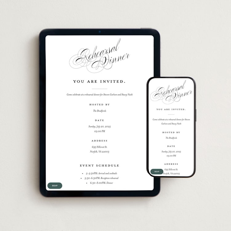 "Forever" - Online Rehearsal Dinner Invitations in Onyx by Hudson meet Rose - Mobile + desktop layout