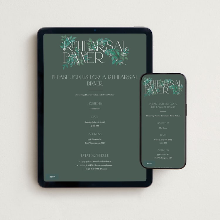 "Stacked Type" - Online Rehearsal Dinner Invitations in Sage by Alethea and Ruth - Mobile + desktop layout