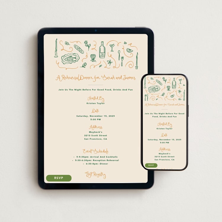 "Eating and drinking" - Online Rehearsal Dinner Invitations in Kale by Creo Study - Mobile + desktop layout