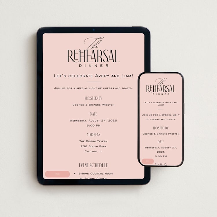 "Formal Toasts" - Online Rehearsal Dinner Invitations in Petal by Louise Kay - Mobile + desktop layout