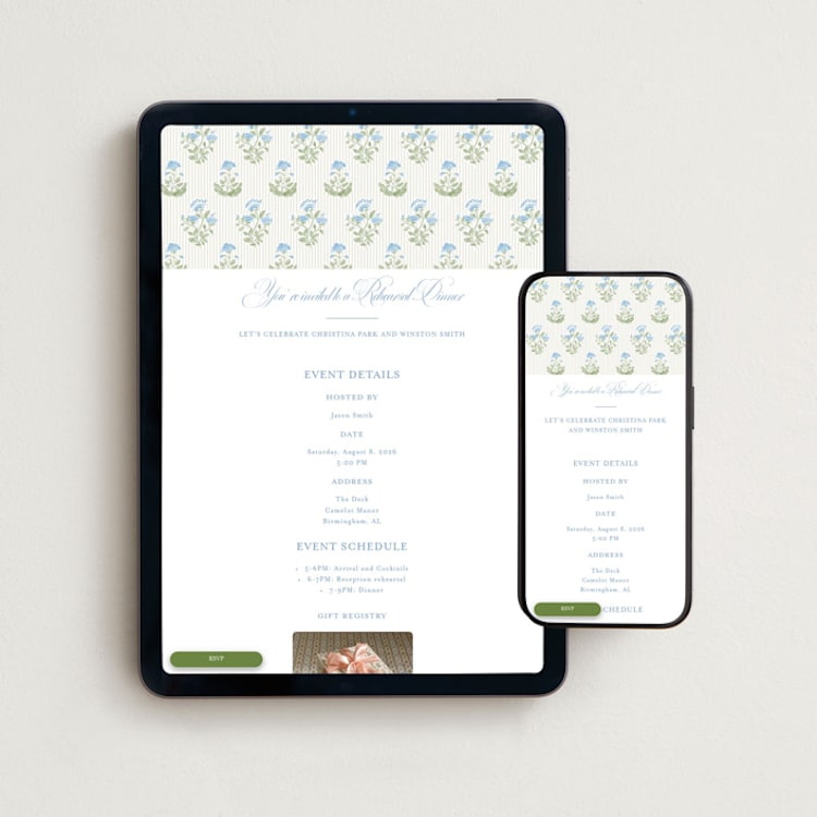 "Patterned florals" - Online Rehearsal Dinner Invitations in Powder by Creo Study - Mobile + desktop layout