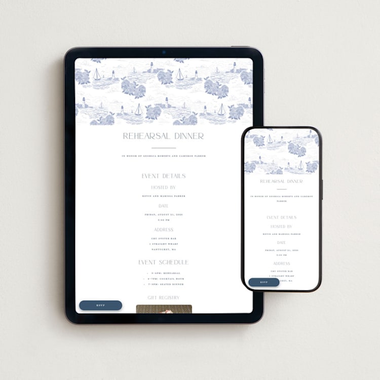 "Coastal Toile" - Online Rehearsal Dinner Invitations in Periwinkle by Jenna Holcomb - Mobile + desktop layout