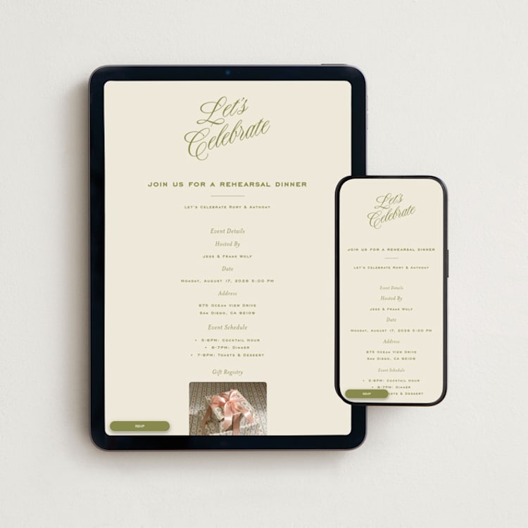 "rory" - Online Rehearsal Dinner Invitations in Olive by Ellen Schlegelmilch - Mobile + desktop layout