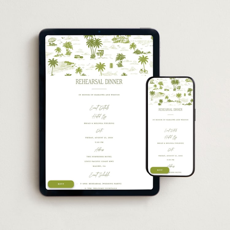 "West Coast Toile" - Online Rehearsal Dinner Invitations in Palm by Jenna Holcomb - Mobile + desktop layout