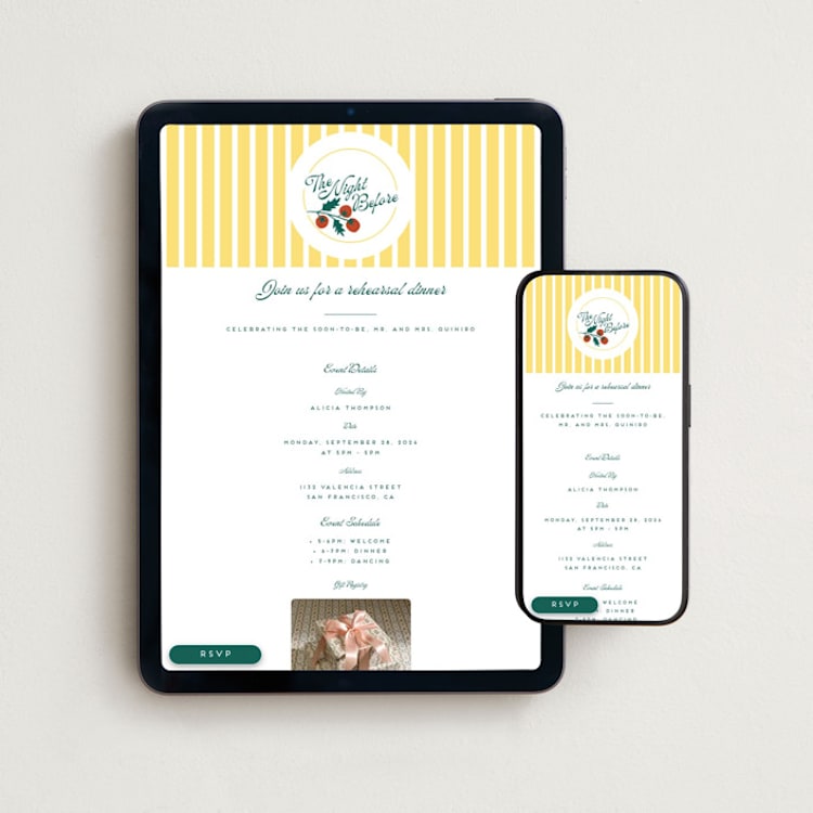 "La Vigilia" - Online Rehearsal Dinner Invitations in Lemoncello by Hudson meet Rose - Mobile + desktop layout