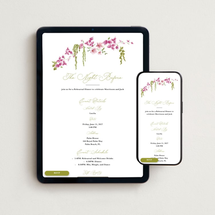 "Cascading Florals Branch" - Online Rehearsal Dinner Invitations in Chartreuse by Tamara Hilje - Mobile + desktop layout
