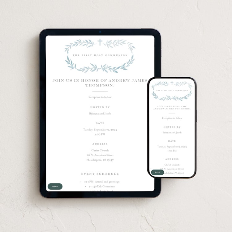 "Simple Foliage" - Online Religious Milestone Invitations in Mist by Everett Paper Goods - Mobile + desktop layout
