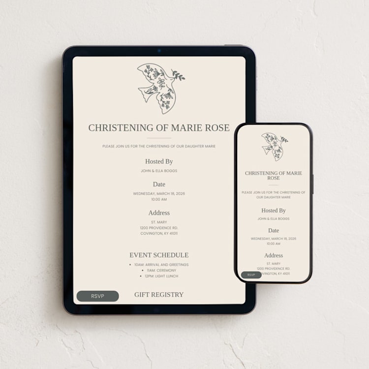 "Floral dove with twig" - Online Religious Milestone Invitations in Sand by Sabrina Niehaus - Mobile + desktop layout