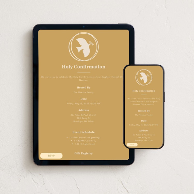 "Holy Confirmation Dove" - Online Religious Milestone Invitations in Butterscotch by Sabrina Niehaus - Mobile + desktop layout
