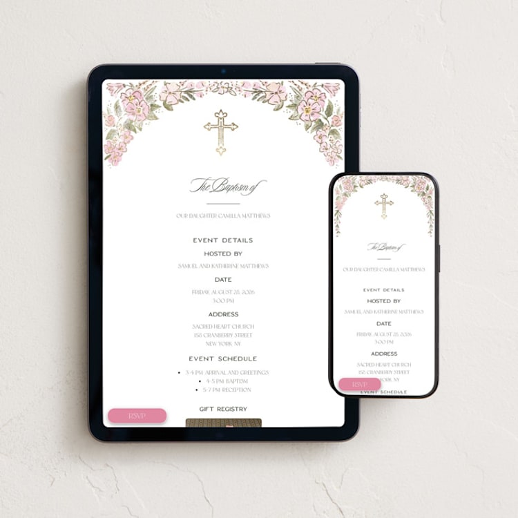 "Wildflower Frame" - Online Religious Milestone Invitations in Rose by Jenna Holcomb - Mobile + desktop layout