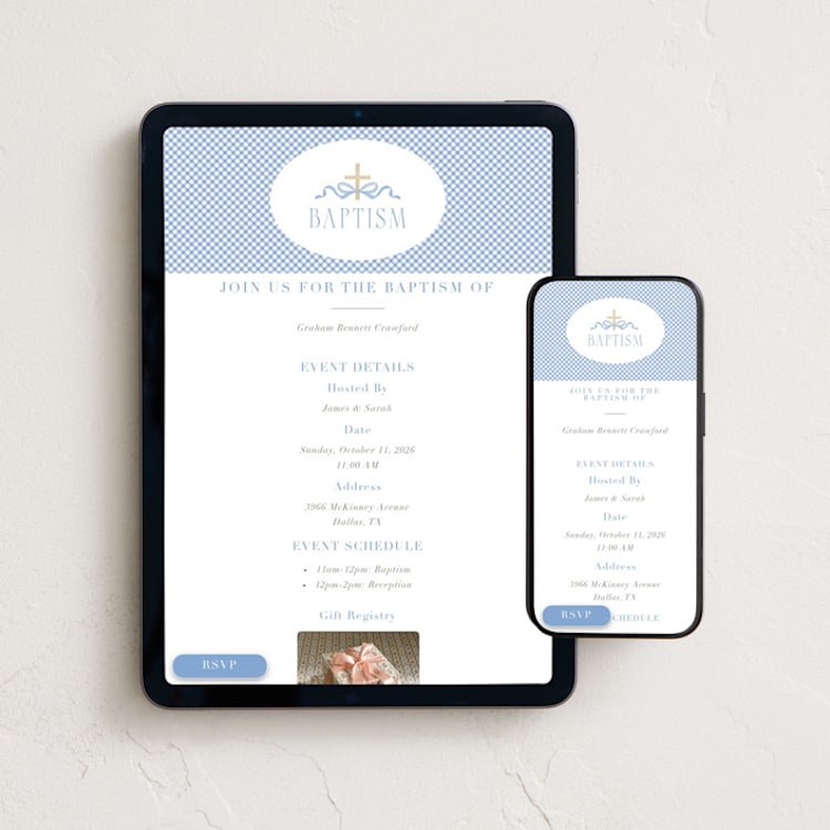 "Ribbon and Cross" - Online Religious Milestone Invitations in Celestial by Olivia Raufman - Mobile + desktop layout