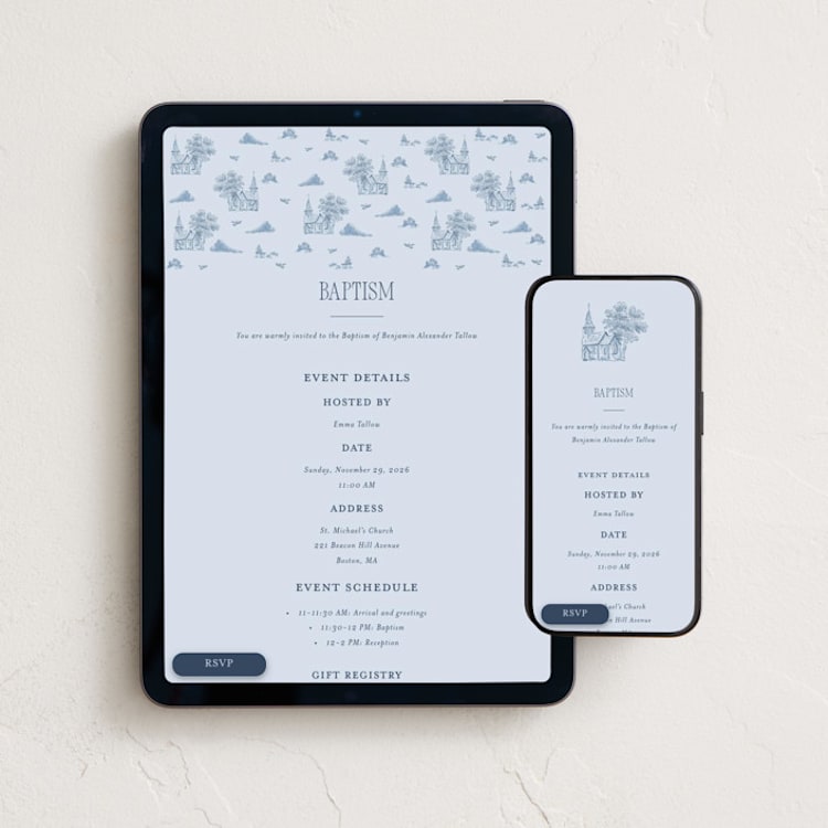 "Churchyard Toile" - Online Religious Milestone Invitations in Sky by Corinne Malesic - Mobile + desktop layout