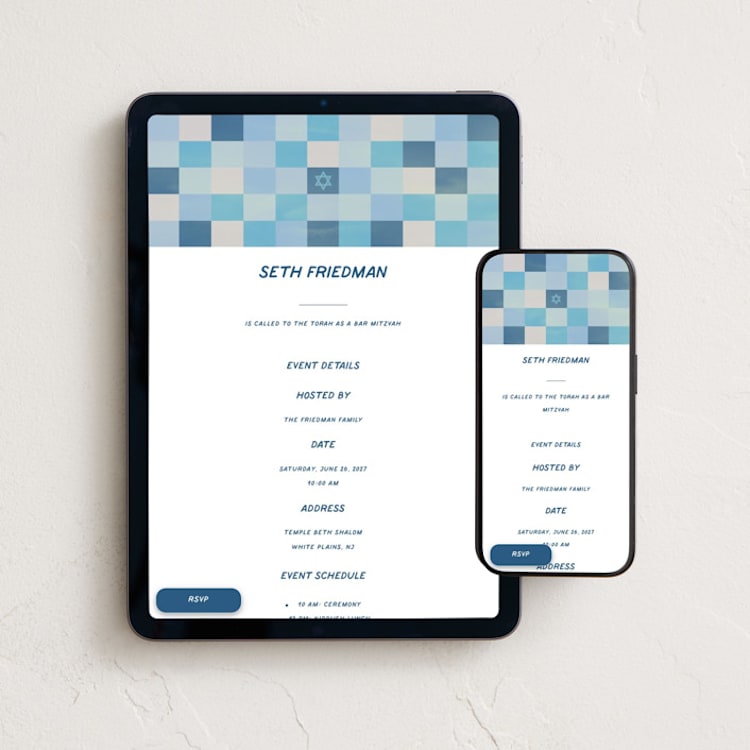 "Checkered Mitzvah" - Online Religious Milestone Invitations in Sky by Creo Study - Mobile + desktop layout