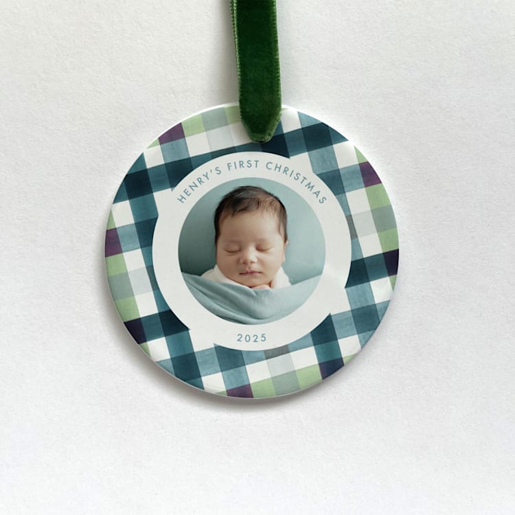 Personalized Baby Photo Ornament - Milton Plaid by Holly Whitcomb