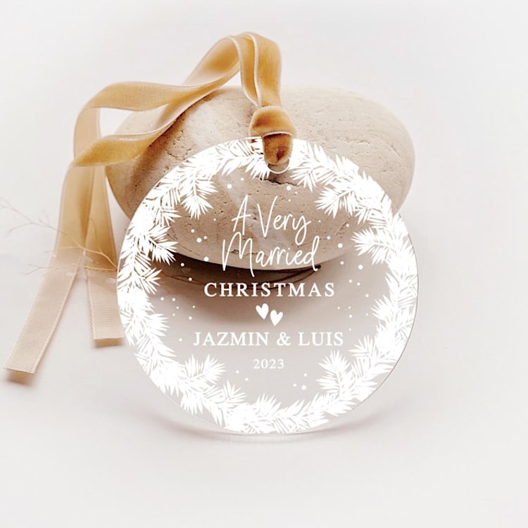 "Personalized Acrylic A Very Married Christmas White Pine Wreath Ornament, Set of 1" - Ornaments in white by Iveta Abolina