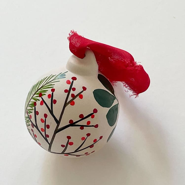 "Holiday Sprigs Hand-painted Ceramic Ornament" - Ornaments in white by Kara Aina