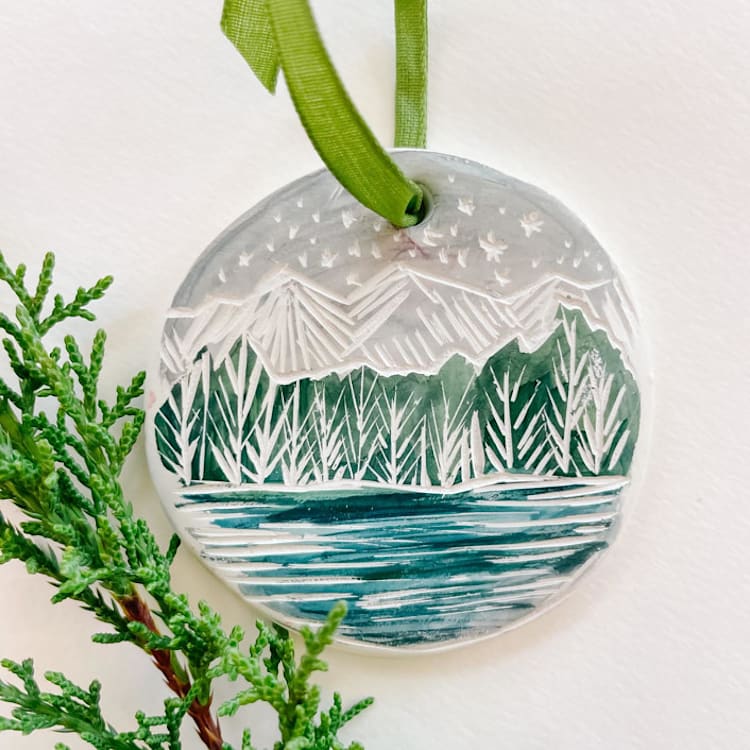 "Winter Mountain Ornament no. 1" - Ornaments in green by Sarah Fitzgerald