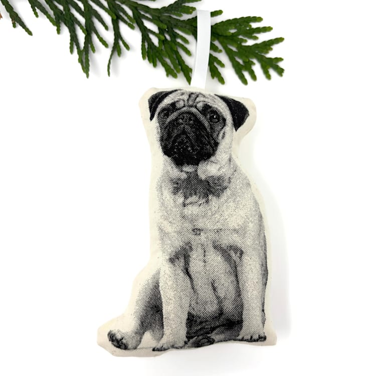 "Silkscreen Pug Ornament" - Ornaments in beige by Broderpress